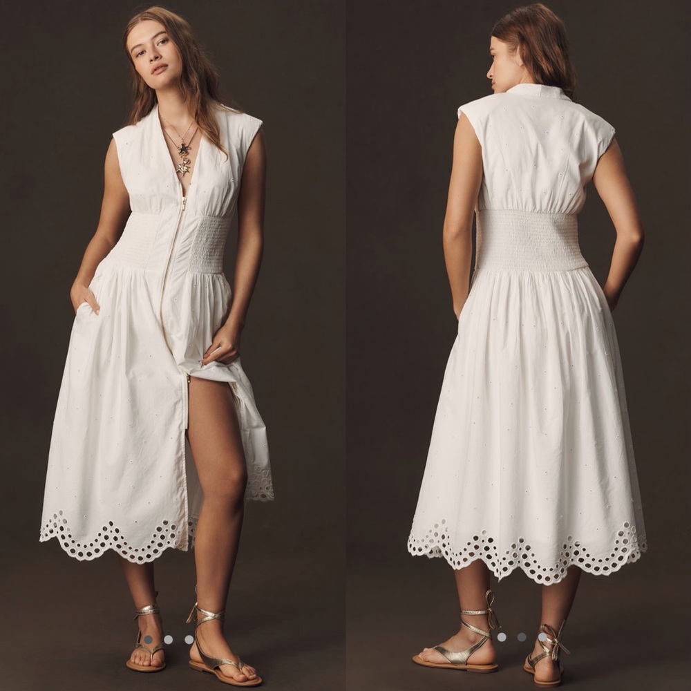 The Tommie Cap-Sleeve Smocked Front-Zip Shirt Dress: Eyelet-Trim Edition